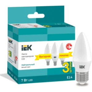 IEK Лампа светодиодная C35 свеча 7Вт 230В 4000К E14 (3шт/упак) - LLE-C35-07-230-40-E14-3 IEK Лампа светодиодная C35 свеча 7Вт 230В 4000К E14 (3шт/упак) - LLE-C35-07-230-40-E14-3